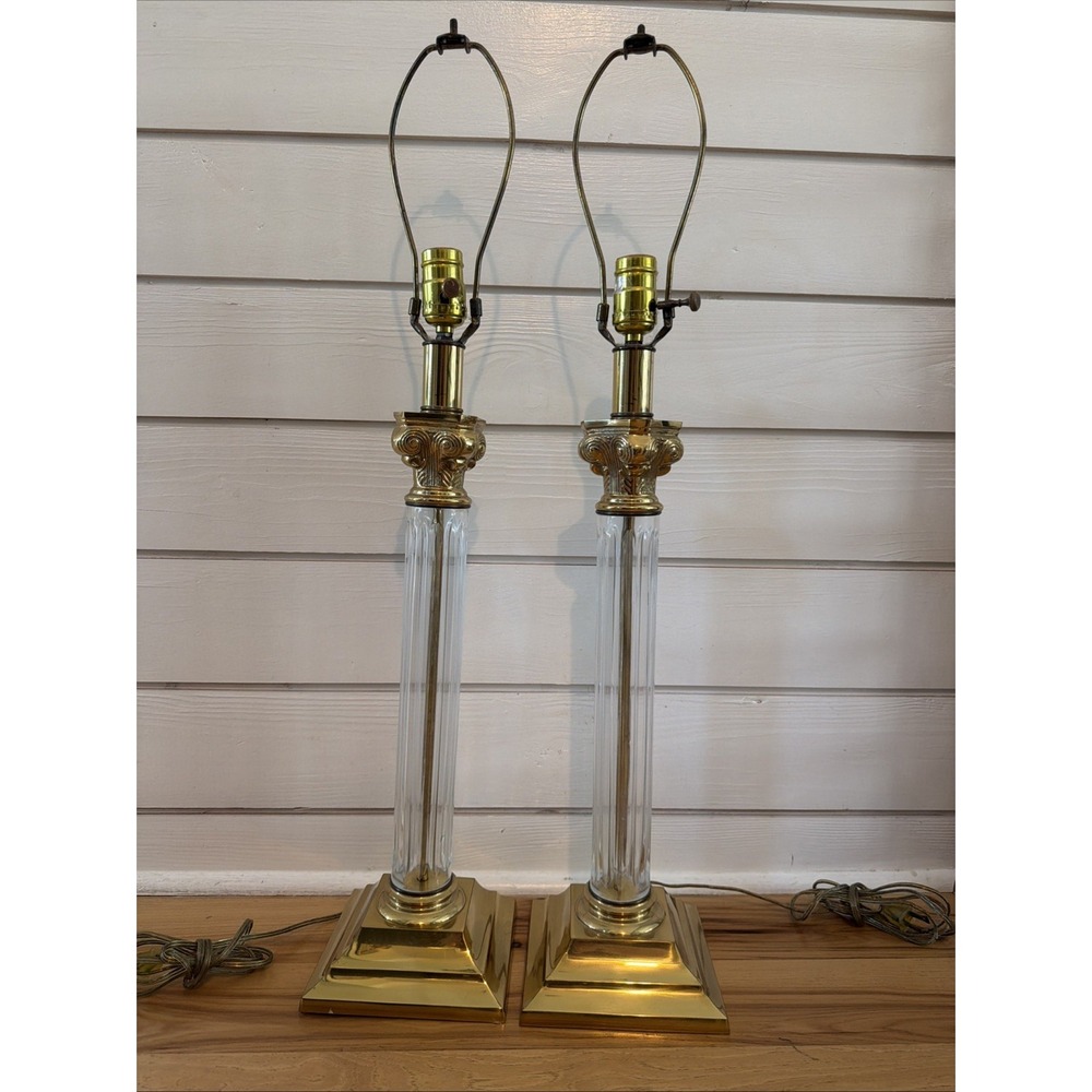 Pair Of Mid 20th Century Neoclassical Hollywood Regency Brass/glass Lamps 0002